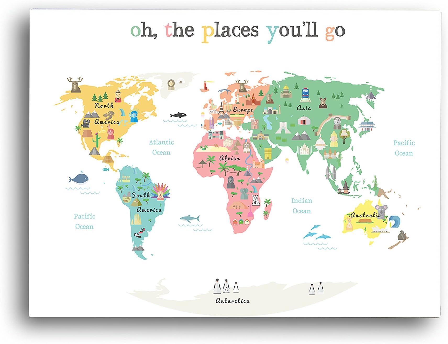 Oh The Places You'll Go" Children's Illustrated World Map Poster - Perfect for Nursery Decor, Bedroom Decor, Playroom and Classroom - Educational Kid's Room Art (14x11")
