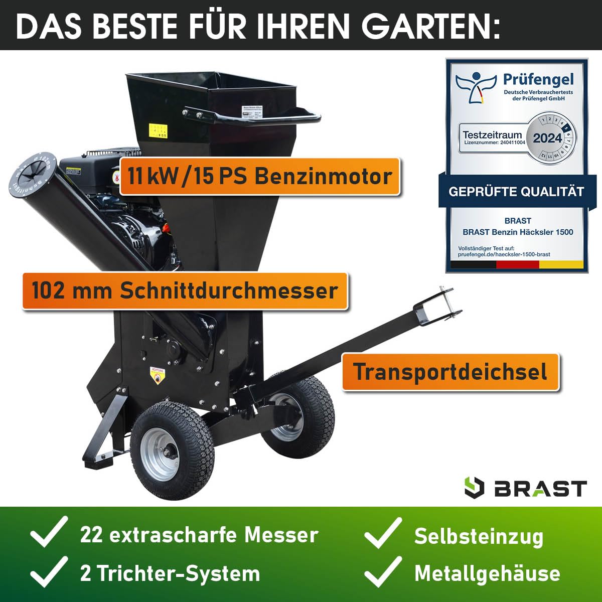 BRAST Häcksler Schredder Gartenhäcksler Benzin | 5,2kW(7PS) - 11kW(15PS) | 2 Modelle | TÜV geprüft | Aststärke bis zu 102mm | 2 Messersysteme mit 22 Messer | Deichsel & Griff