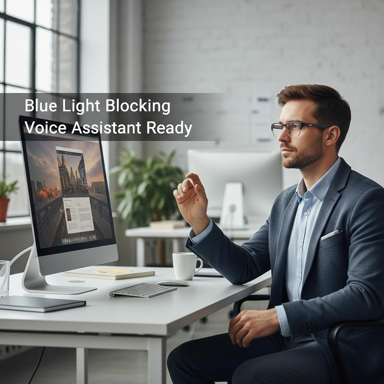 Bluetooth Smart Glasses for Adults,Wireless Audio Glasses with Open Ear Speaker,HD Hands-Free Calls,Blue Light Blocking for Office Work,Bluetooth Glasses for Men Women (Silver)