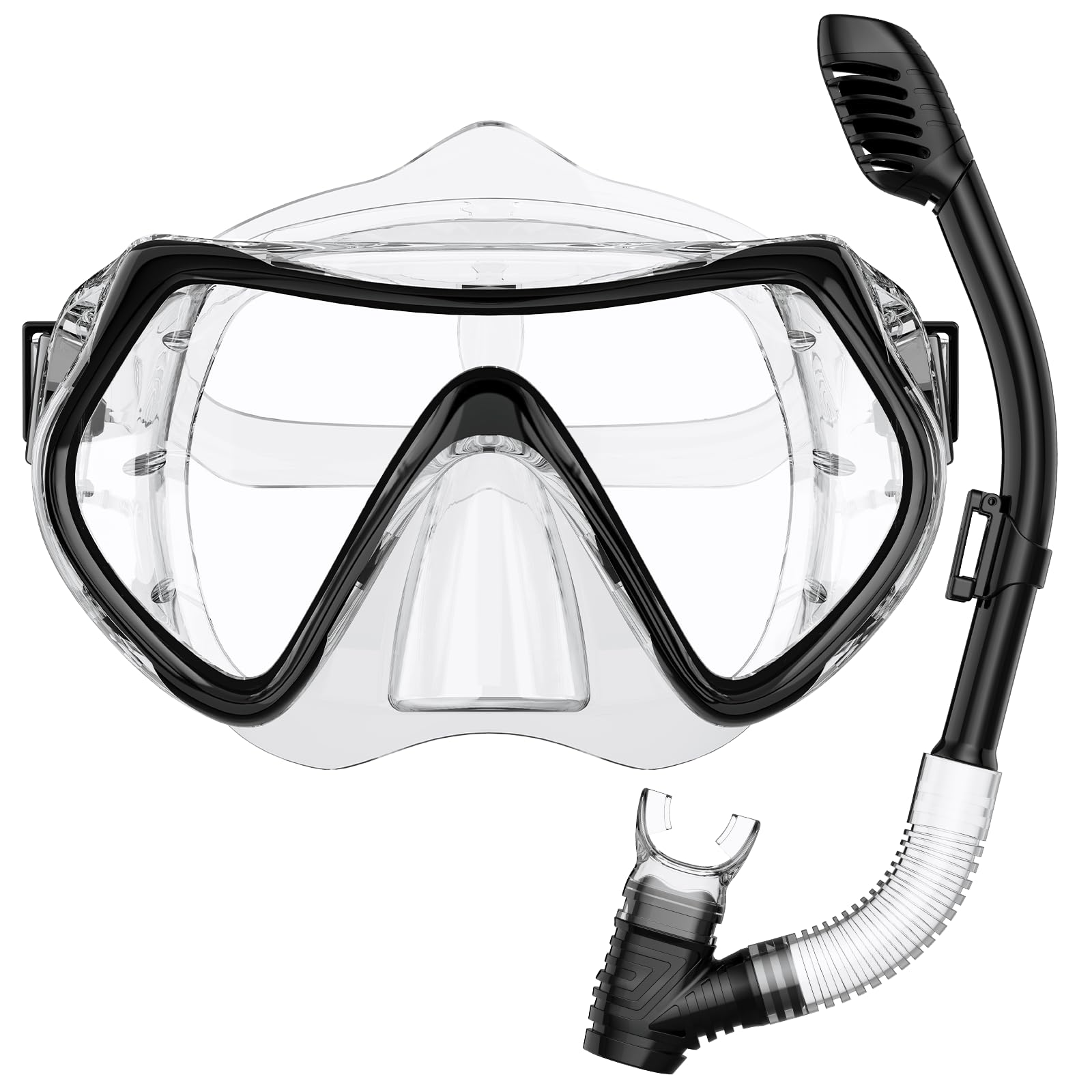BuyCard Snorkel Mask,180 Degree Panoramic View Dry Top Snorkeling Gear，Safe Anti-Leak Anti-Fog Diving Mask, Snorkel Set and Swimming Goggles (Trans Black, (Ages 6-14))