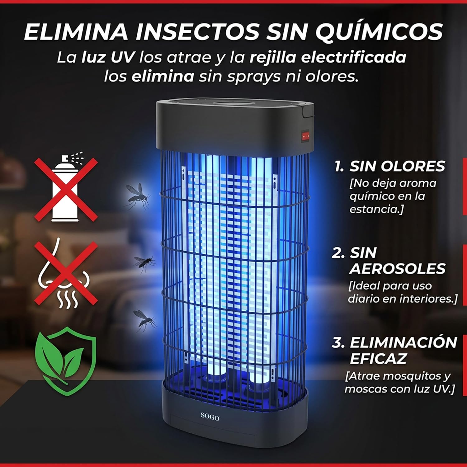Sogo Lámpara Antimosquitos Eléctrica 2x10 W para hasta 80 m² - Mata Mosquitos Eléctrico sin Químicos ni Olores - Mata Moscas Eléctrico con Luz y Bandeja Extraíble para Interior