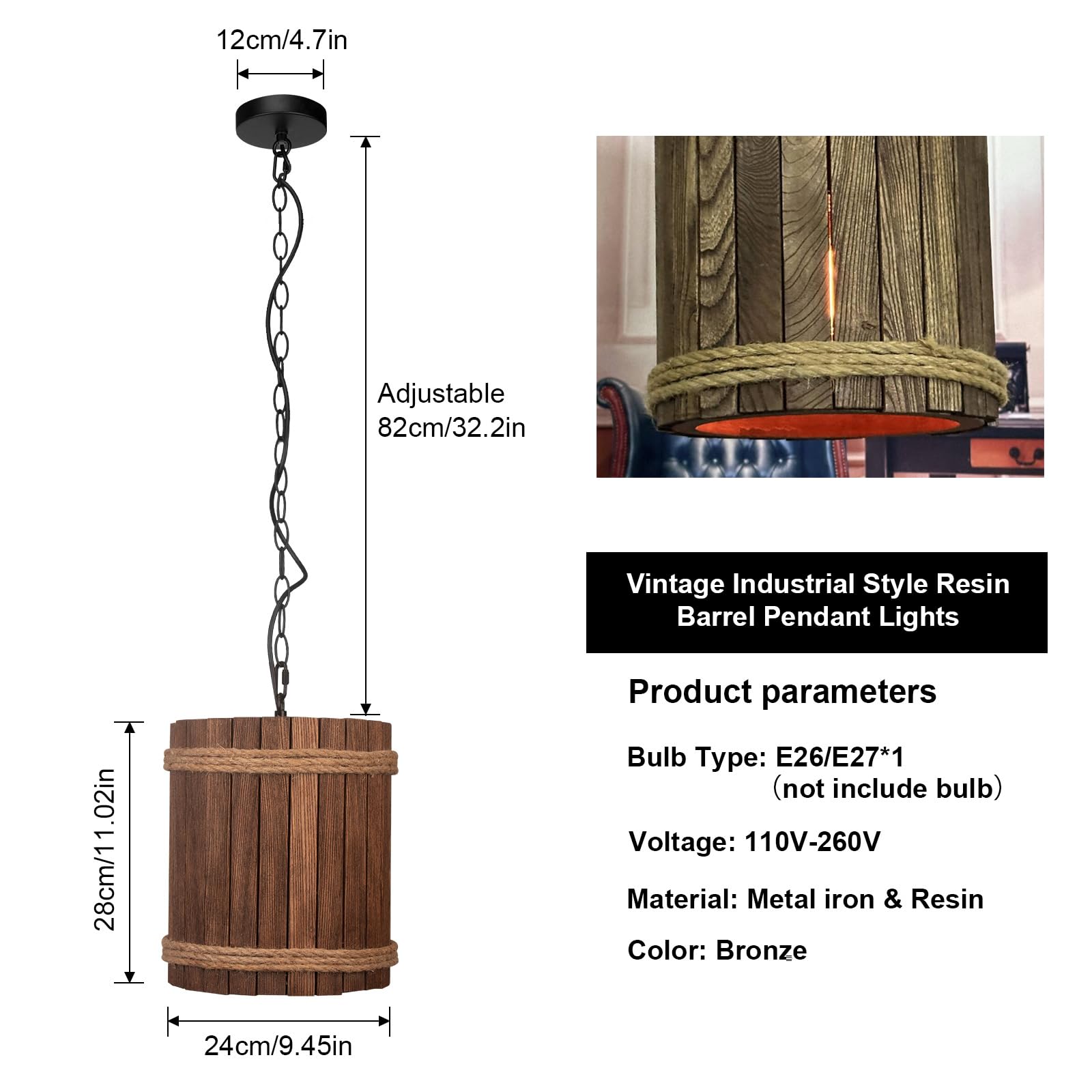 Lampa wisząca z drewna LED, matowa lampa wisząca w stylu vintage, do sypialni, klatki schodowej, gabinetu