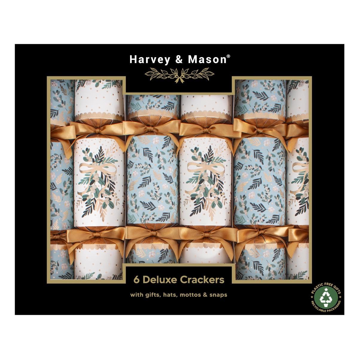 Harvey & Mason Pack of 6 Deluxe White Blue Gold Christmas Crackers - 13.5" Metallic Festive Xmas Holiday Dinner Table Decorations - Novelty Fun Prizes Gifts Contains Hats Jokes Duck Egg