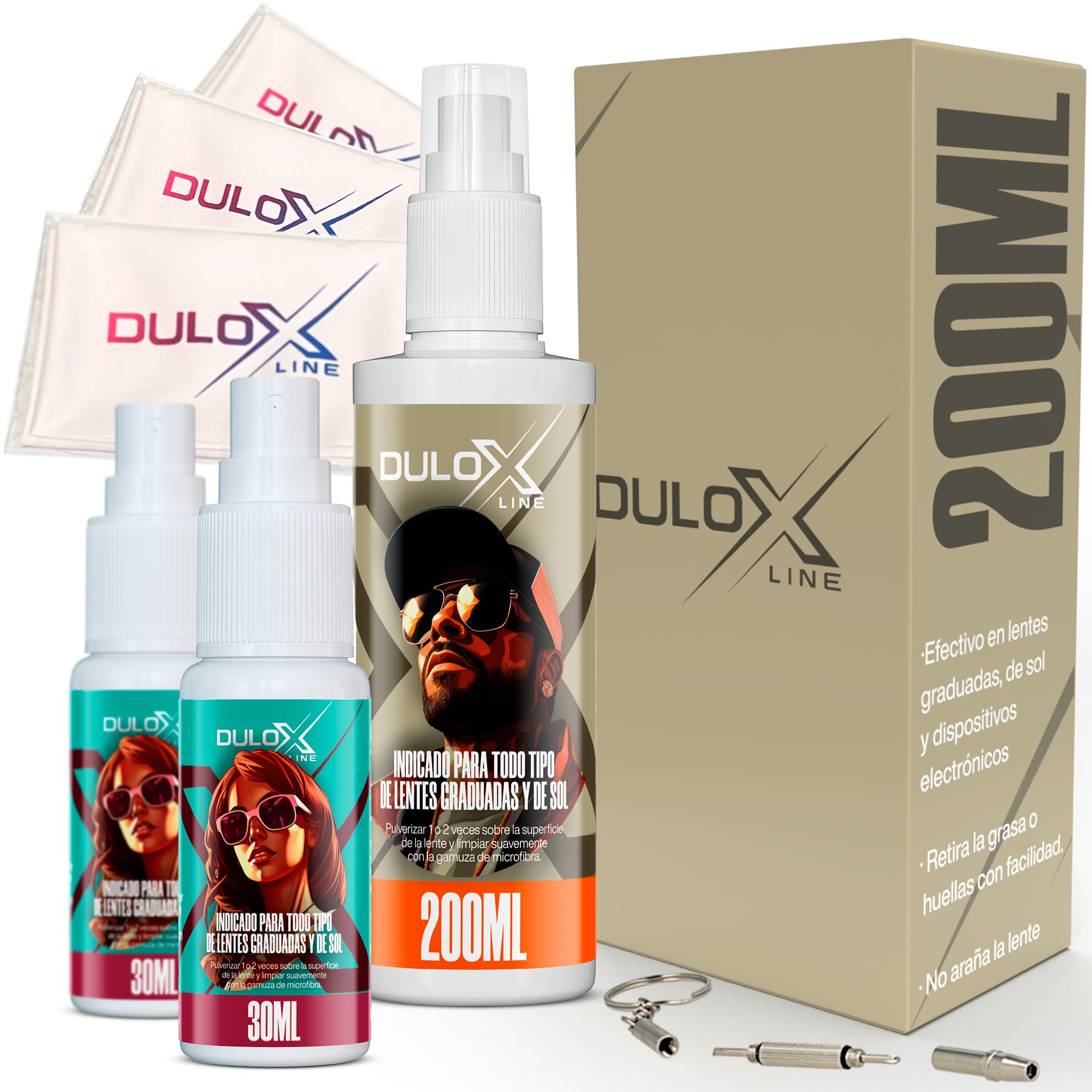 Limpia Gafas (200ML) + 2 Spray Limpiador de Gafas (30ML) + 3 Microfibra + Destornillador - Limpiador de Lentes - Limpieza Profesional para Pantallas - Limpiador de Ordenador - Limpieza de tabletas