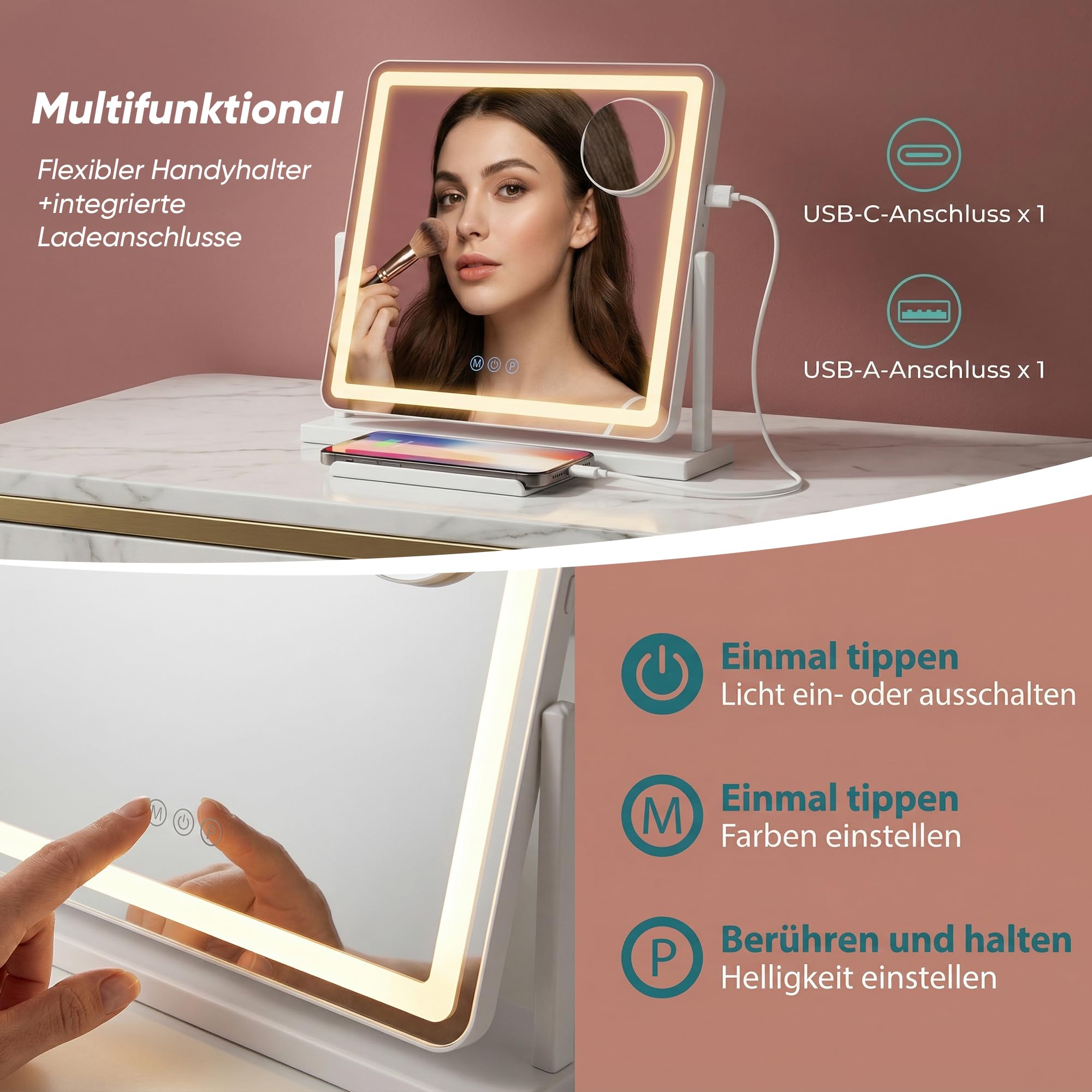 Antok Espejo de tocador, 55 x 48 cm, espejo de maquillaje LED HD, rotación de 360°, espejo cosmético con iluminación, lupa de 10 aumentos, 3 temperaturas de color, regulable, función de memoria