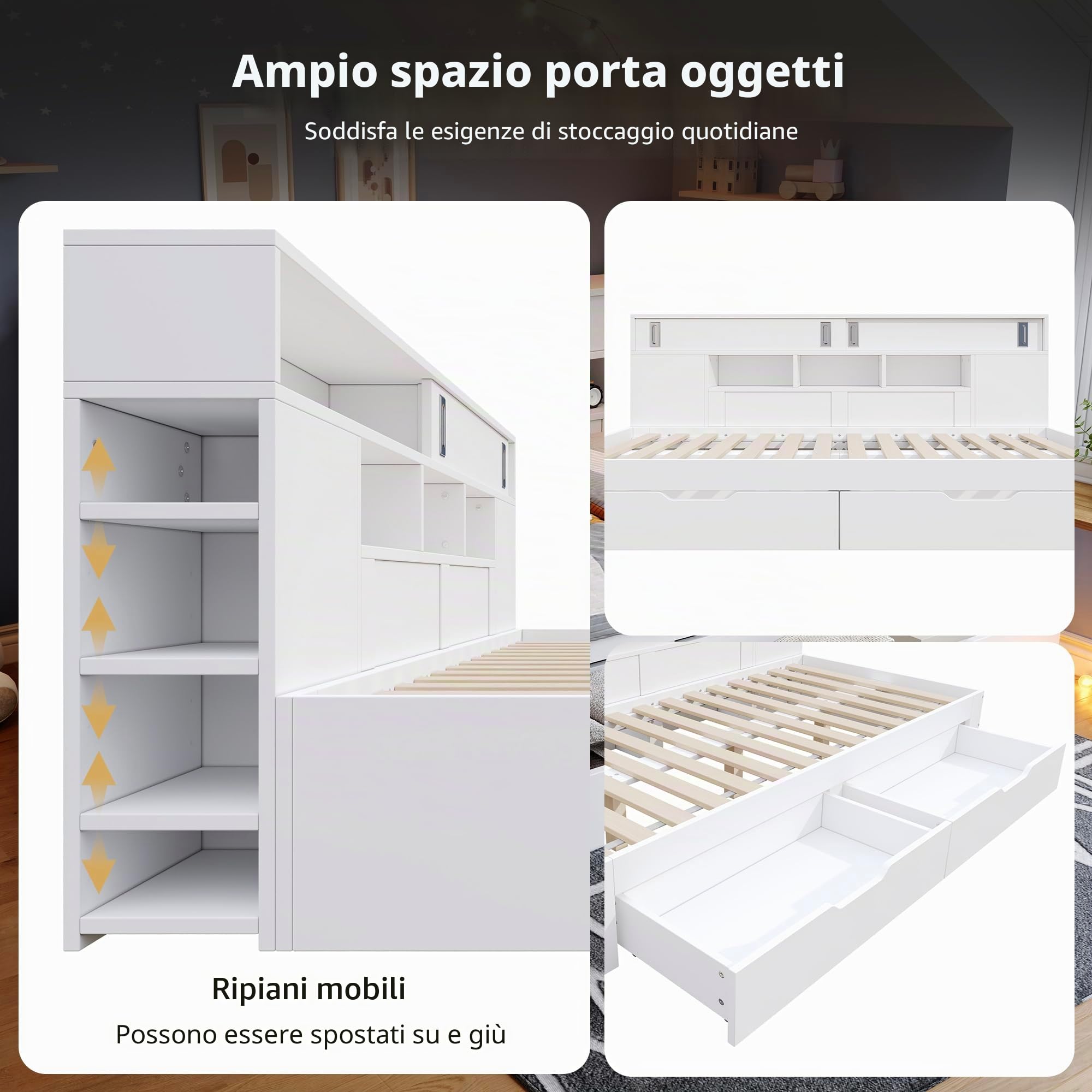 Dolamaní Letto singolo 90 x 190 cm, con cassetti, multifunzionale, con ripiano e armadio, letto con rete a doghe, letto in legno, senza materasso (bianco)