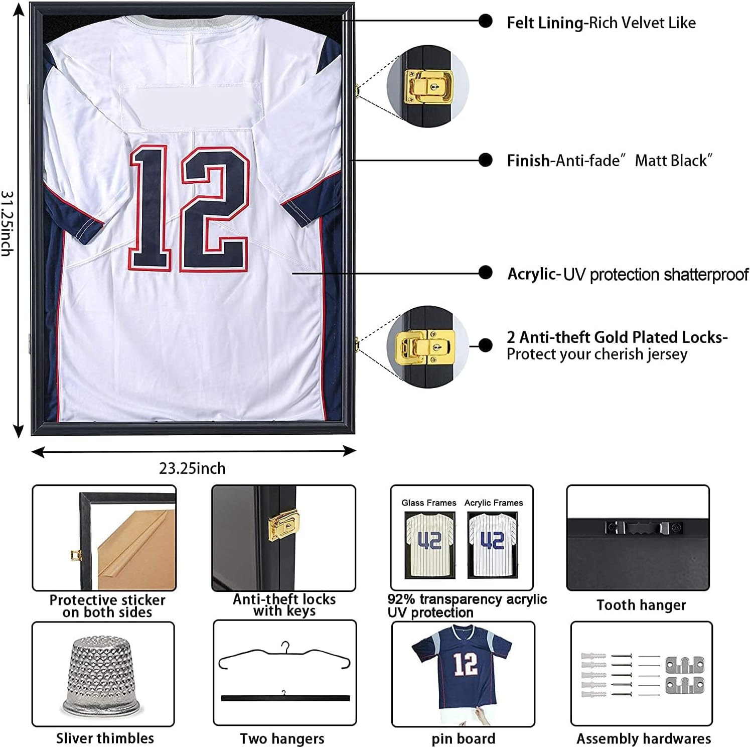 Jersey Display Frame 2 Pack Jersey Shadow Box for Baseball Basketball Football Soccer Hockey Sports Shirts, Uniform, UV Protection Acrylic Glass, 2 Hanger(Black)