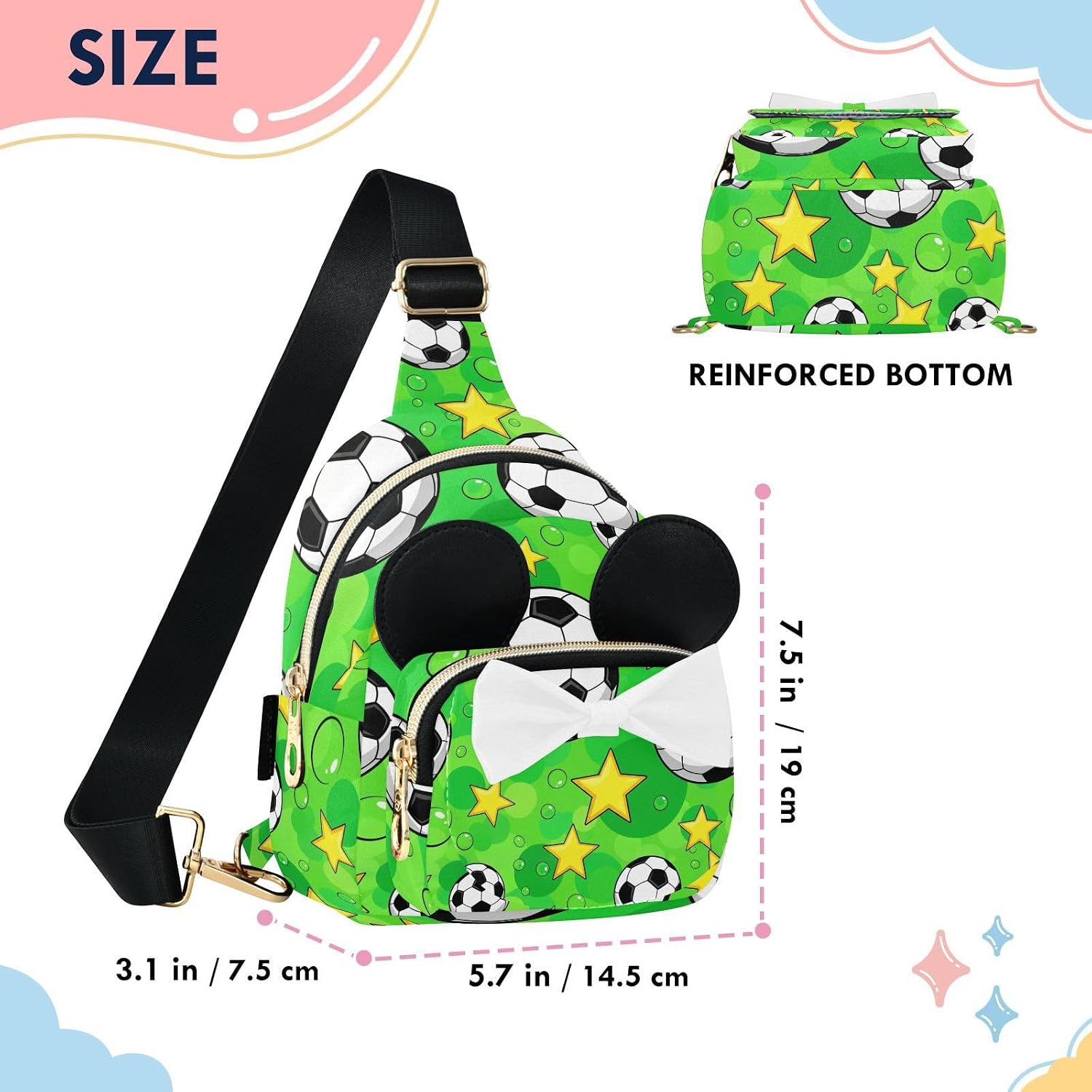 Sinestour Soccer Ball Kids Crossbody Bags for Girls, 3.1"x5.7"x7.5" | Crossbody Fanny Pack, Toddler Purse, Cute Sling Belt Bag with Ears, 2L Small Shoulder Chest Bag for Travel