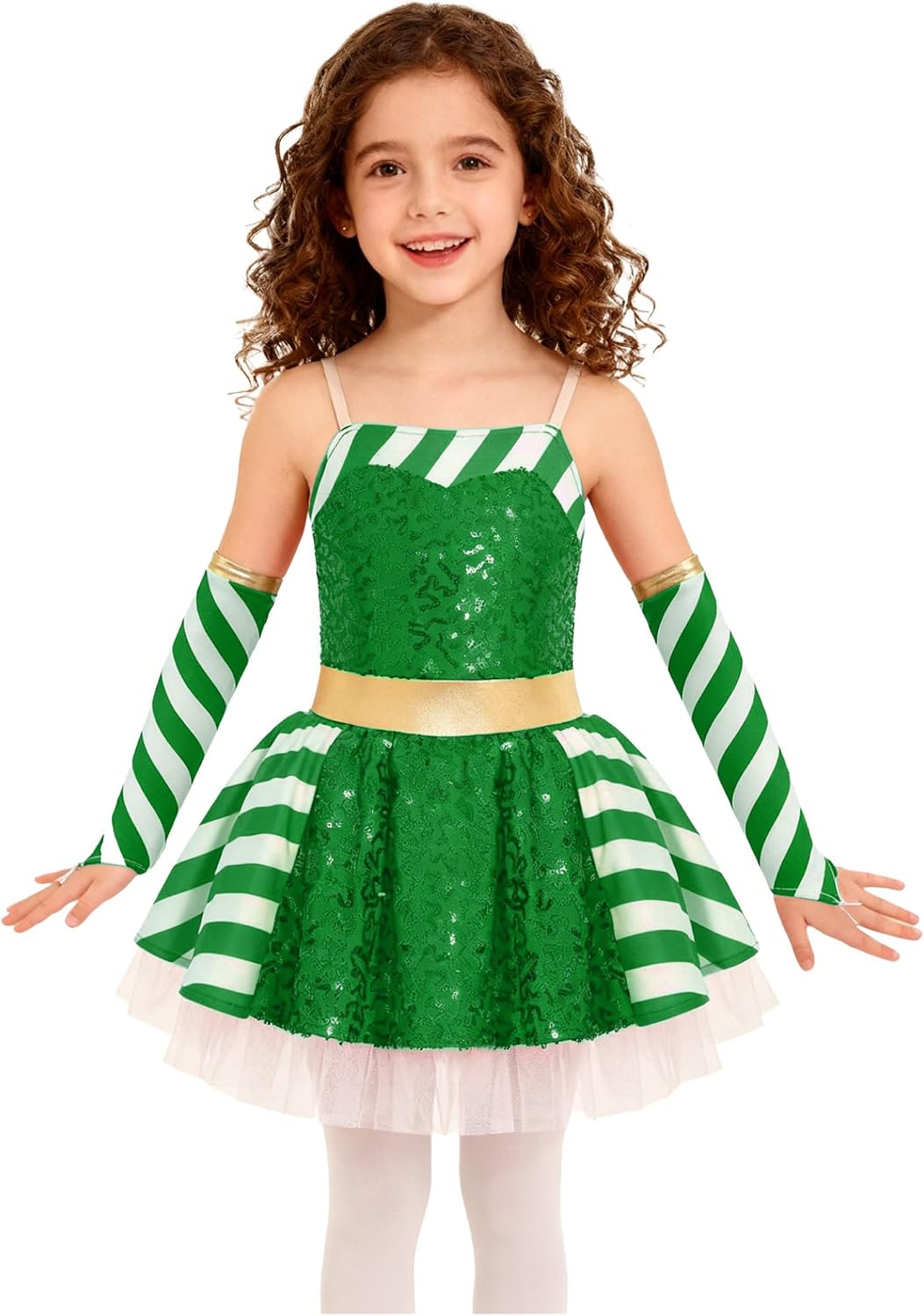 2 Pieces Christmas Ice Skating Outfit Sequins Candy Striped Ballet Tutu Set