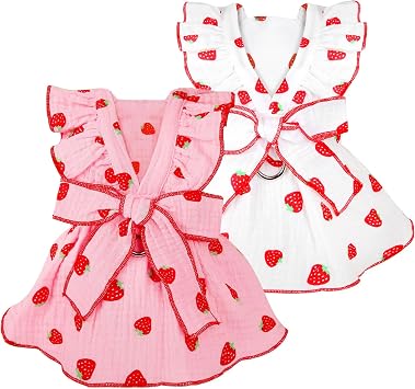 Dog Dresses for Small Dogs Girl Female Cat Clothes Cat Dress Cute Cotton Extra Summer Bow Decor Printed Strawberry Dog Birthday Outfit Small Puppy Clothes