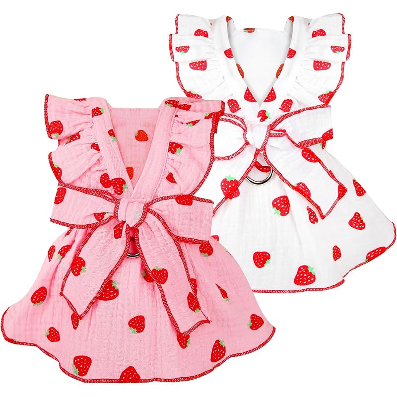Vestido de algodão para cães pequenos e gatas com estampa de morango AXIIJGL, rosa e branco, X-large