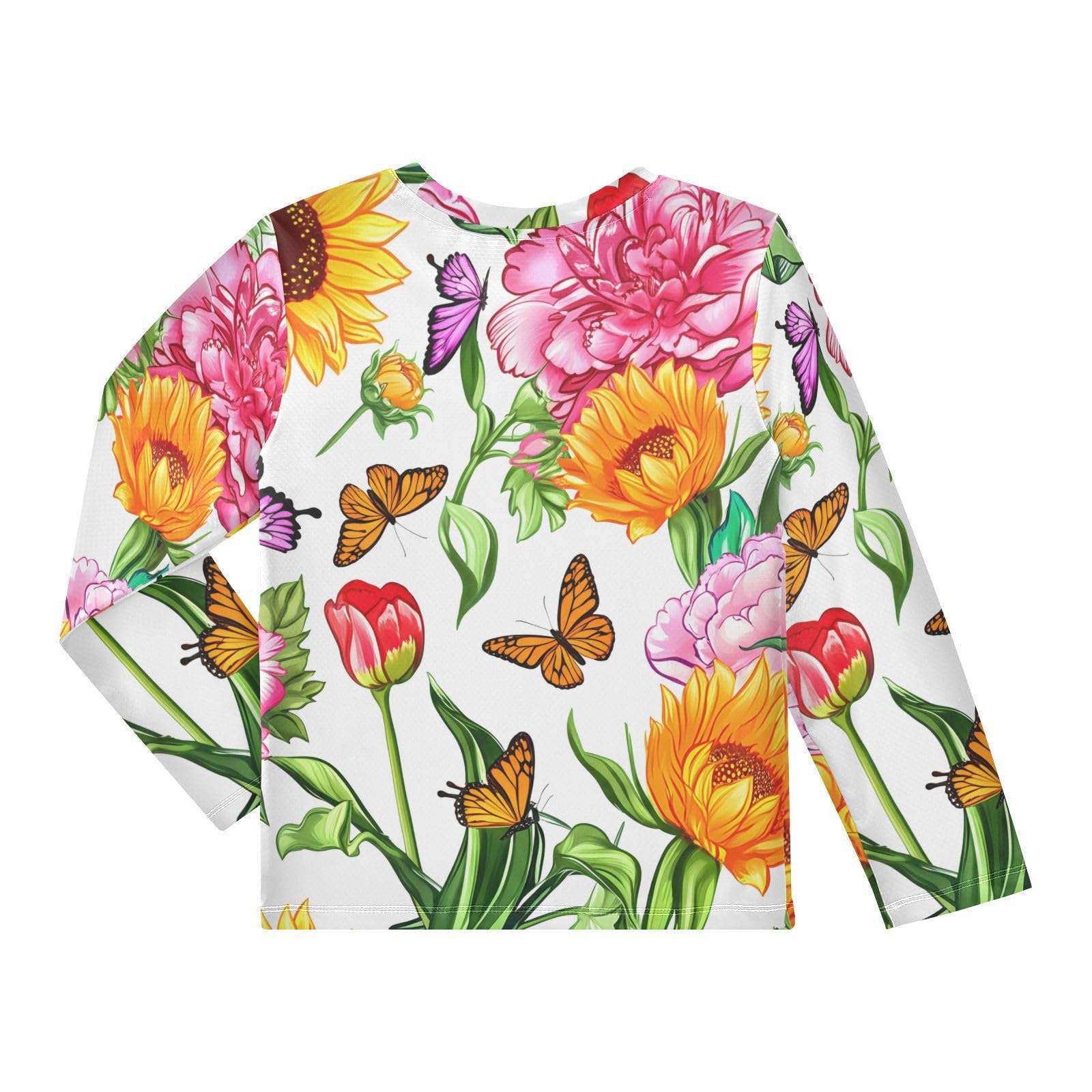 DOMIKING Butterfly Sunflower Peony White Boys Long Sleeve Rashguard Shirt Kids Quick Dry Swim Shirt for Swimming Pool Beach 11-12T