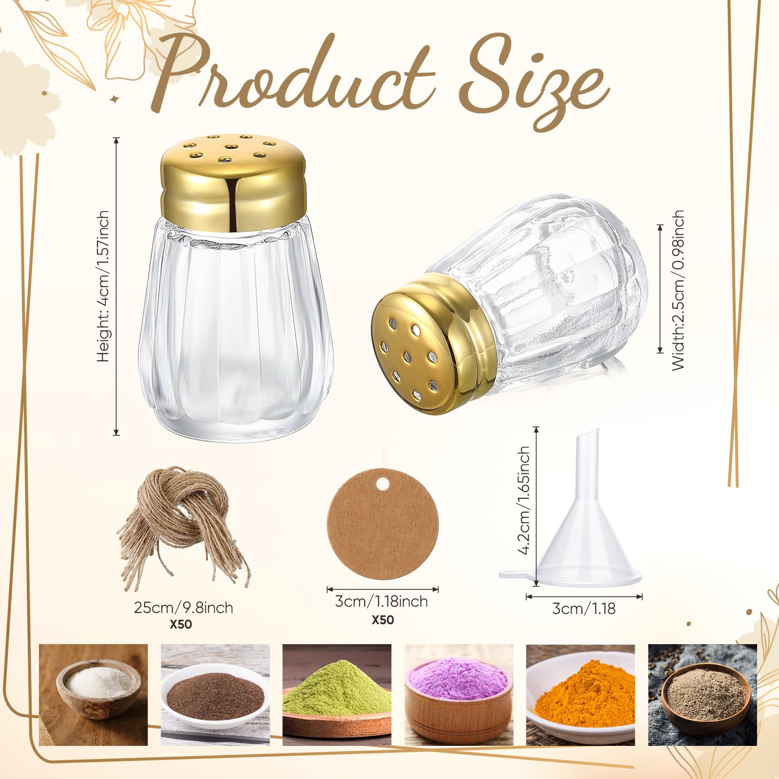 Uiifan Mini-Salz- und Pfefferstreuer mit goldfarbenen Deckeln, klares Glas, Gewürz-, Salz- und Pfefferhalter, Großpackung mit 5 Kunststoff-Trichtern, 50 Etiketten, 50 Seilen für Hochzeit, Party,