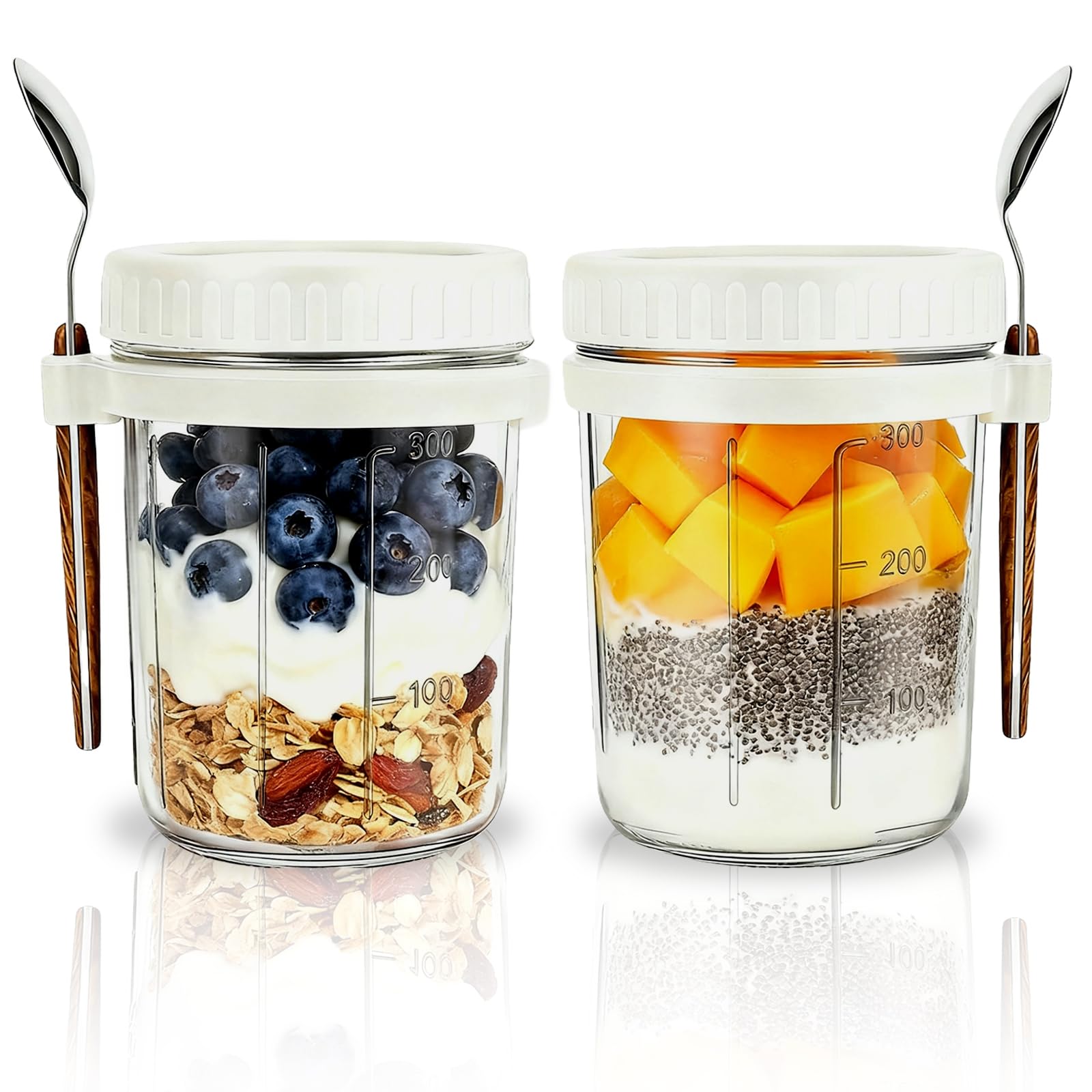 Meetoz Two Color -2Pack 2 Pack Overnight Oats Containers With Lids And Spoons 16 Oz Glass Mason Jars, Vegetable And Fruit Salad Storage Container With Measurement Marks, Glasss Jars For Cereals,Yogurt (Two Color -2Pack)