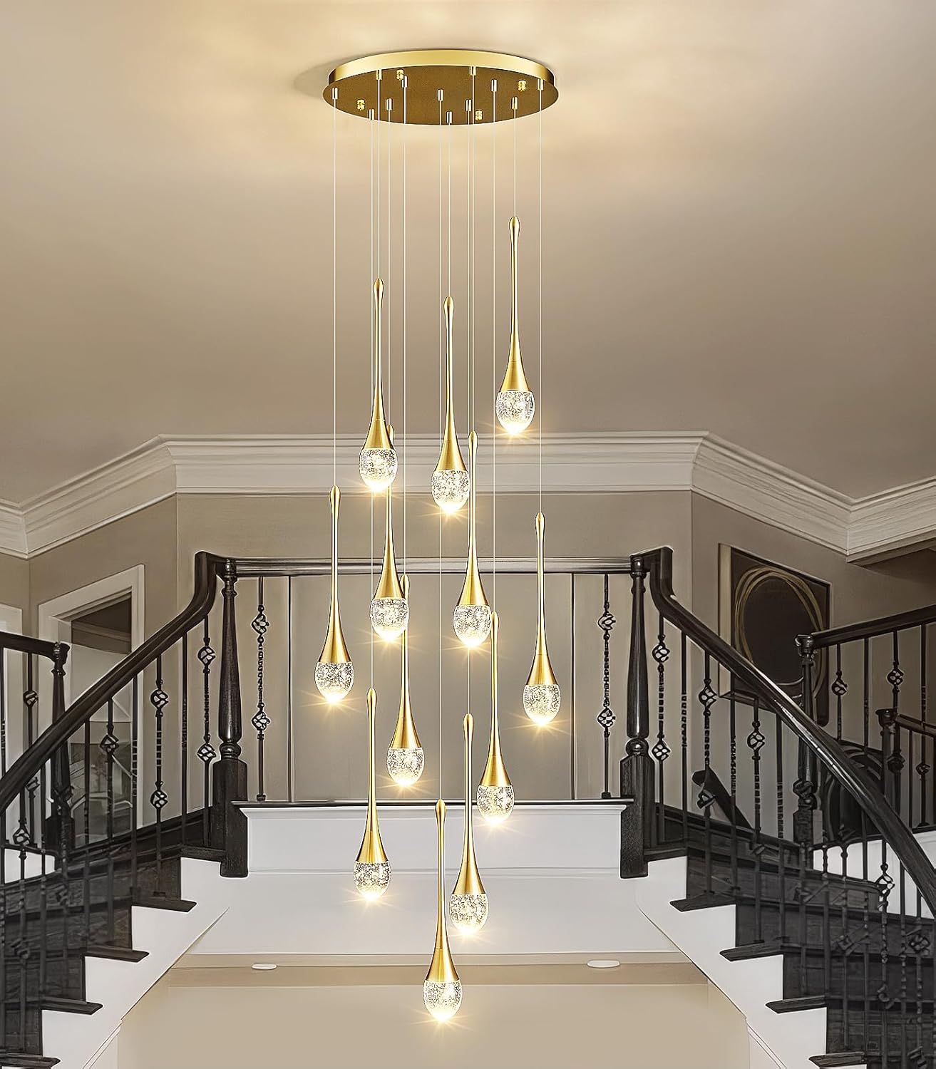 Raindrop Crystal Chandelier High Ceiling: 12 Lights Remote Dimmable LED - Large Long Modern Bubble Hanging Pendant Light Fixture Teardrop Spiral Chandeliers for Living Room Staircase Entryway Foyer