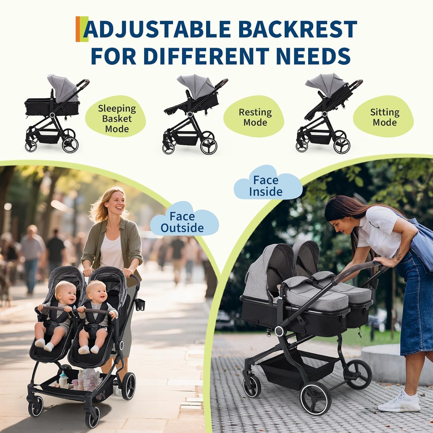 Geschwisterwagen Duo Zwillingskinderwagen Ab Geburt Bis 3 Jahre Zusammenklappbarer Zwillingsbuggy Mit Liegefunktion 15+15 kg Leichtes Aluminium Verstellbar