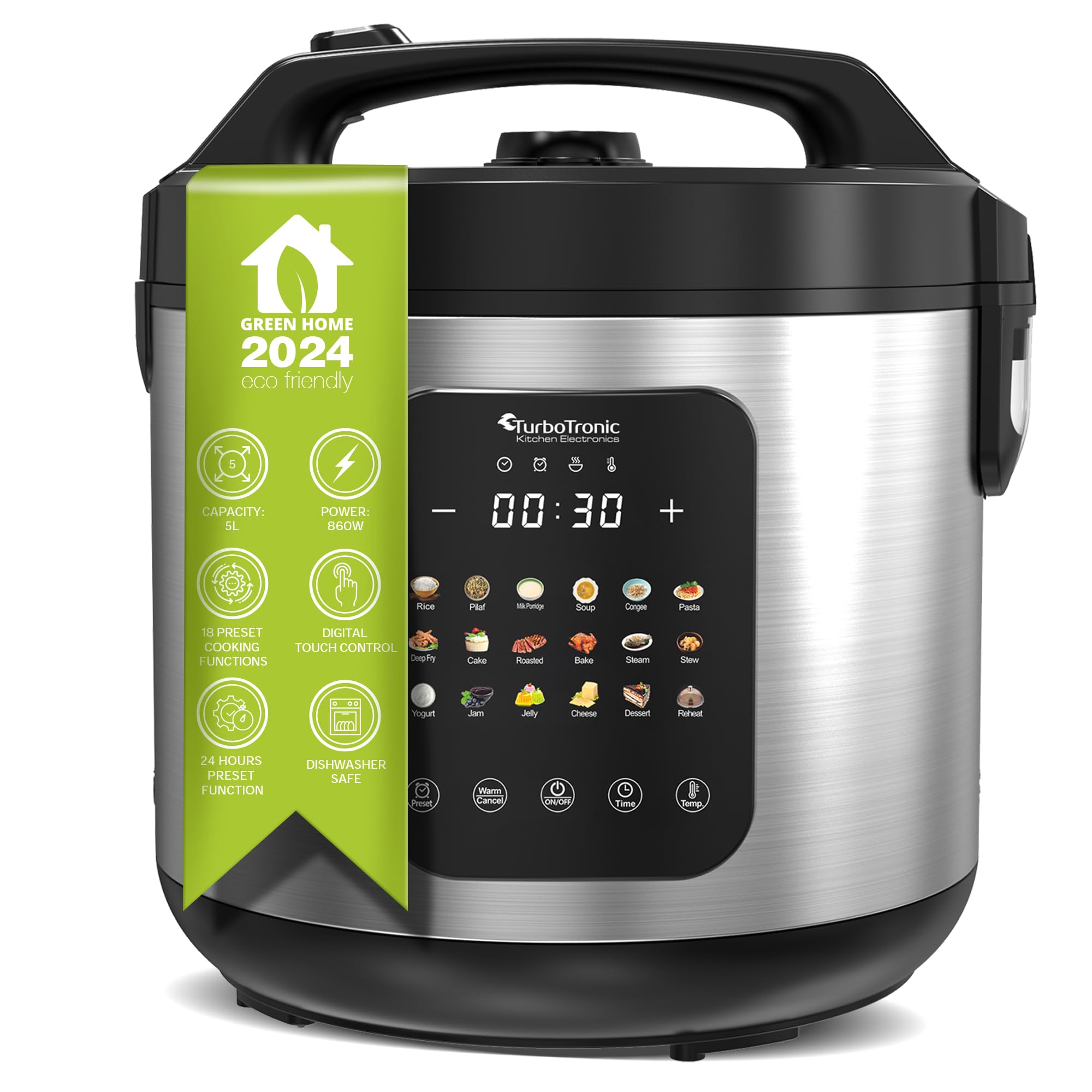 TurboTronic MultiKocher DMC18 neues 2024 Modell 5L mit Schongarer 860W Elektrisch, Dampfgarer, Reiskocher, Slow Cooker & 18 Programme, Milchreis, Multivarka (Silber)