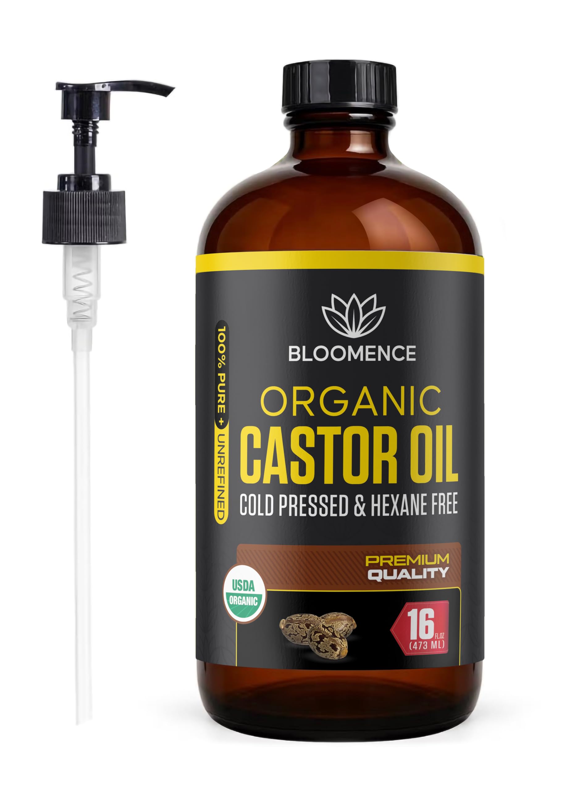 USDA Organic Castor Oil - 100% Pure Cold-Pressed, Hexane-Free for Hair Growth, Eyelashes & Eyebrows - Natural Moisturizer for Skin & Nails with Vitamin E - 16 fl oz Glass Bottle