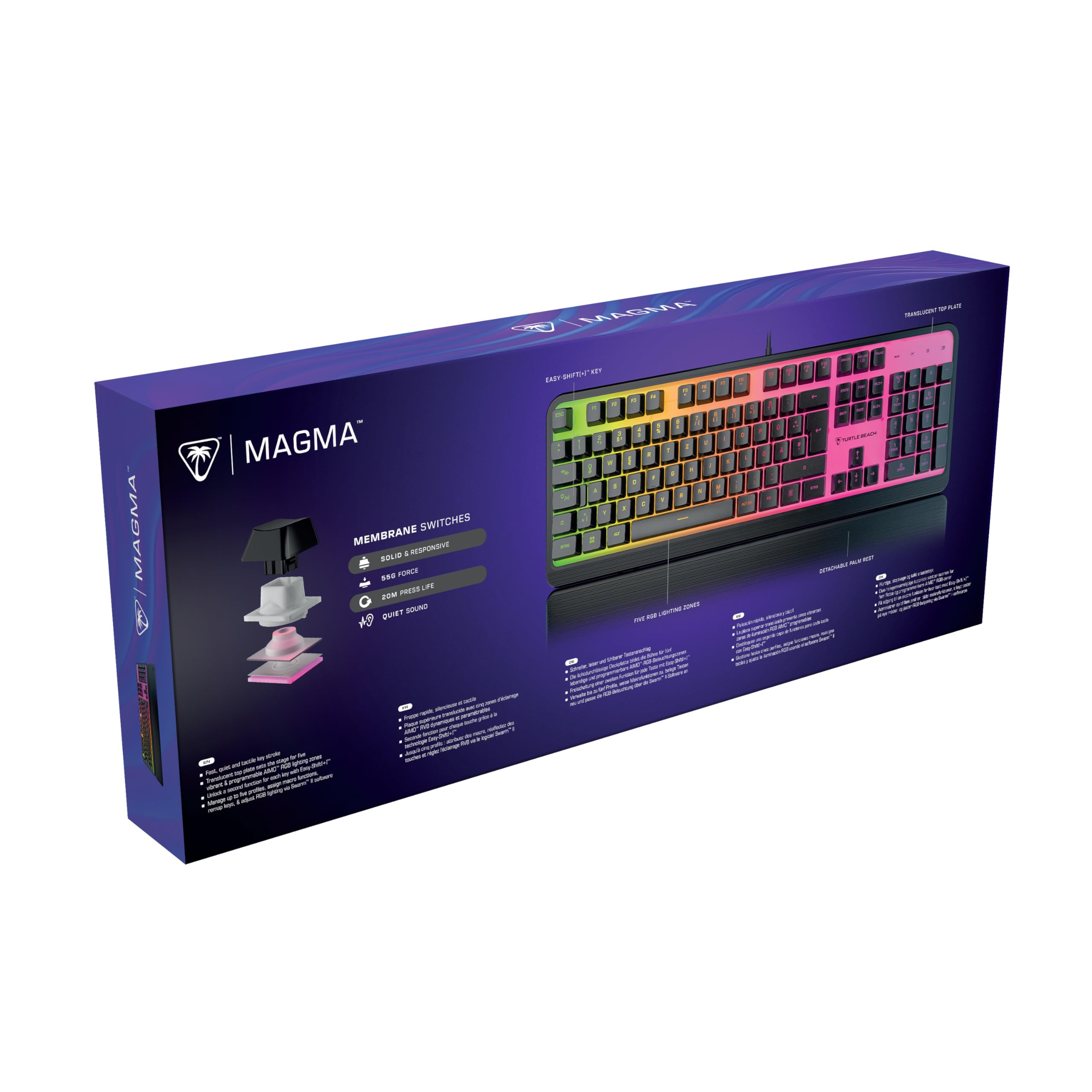 Turtle Beach Magma Membrana RGB Keyboard do gier z klawiszami membranowymi, zaawansowana ochrona przed duchem, konfigurowalne oświetlenie RGB, odłączana podstawka pod dłonie - czarna
