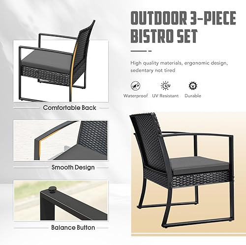 Vista 30 de Greesum Juego de muebles de exterior de 3 piezas para patio, bistró, mecedoras con mesa de centro de cristal para piscina, playa, patio, balcón, Gris