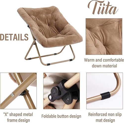Miniatura 4 de Tiita Silla platillo con otomana, silla plegable de gran tamaño de piel sintética suave, silla perezosa, silla de luna con marco de metal para