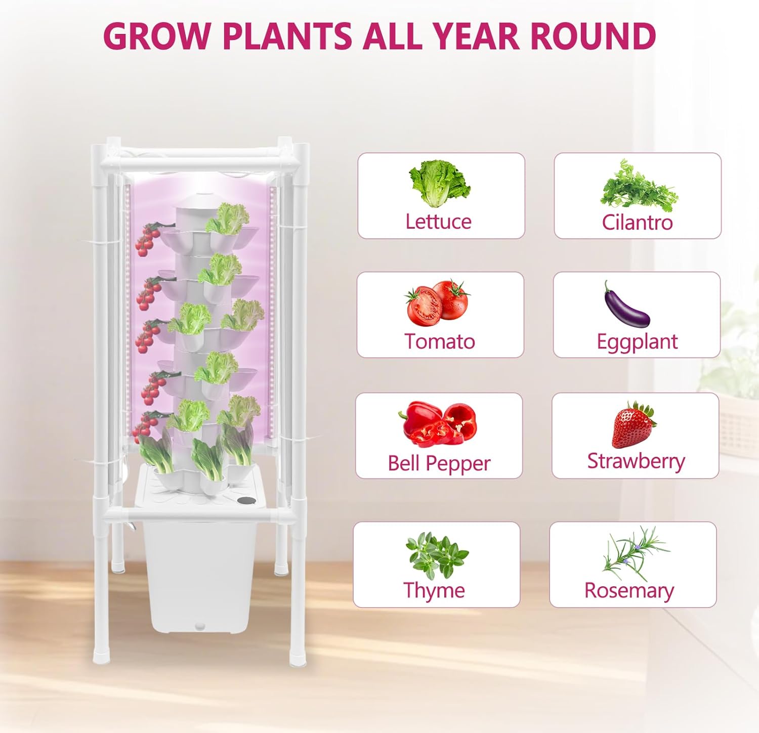 30-Plant Hydroponics Tower Vertical Growing System Kit, Indoor Garden Planter Herb Garden with LED Grow Light, Hose and Water Pump, Vertical Planter Germination Kit for Fruits Vegetables (White)