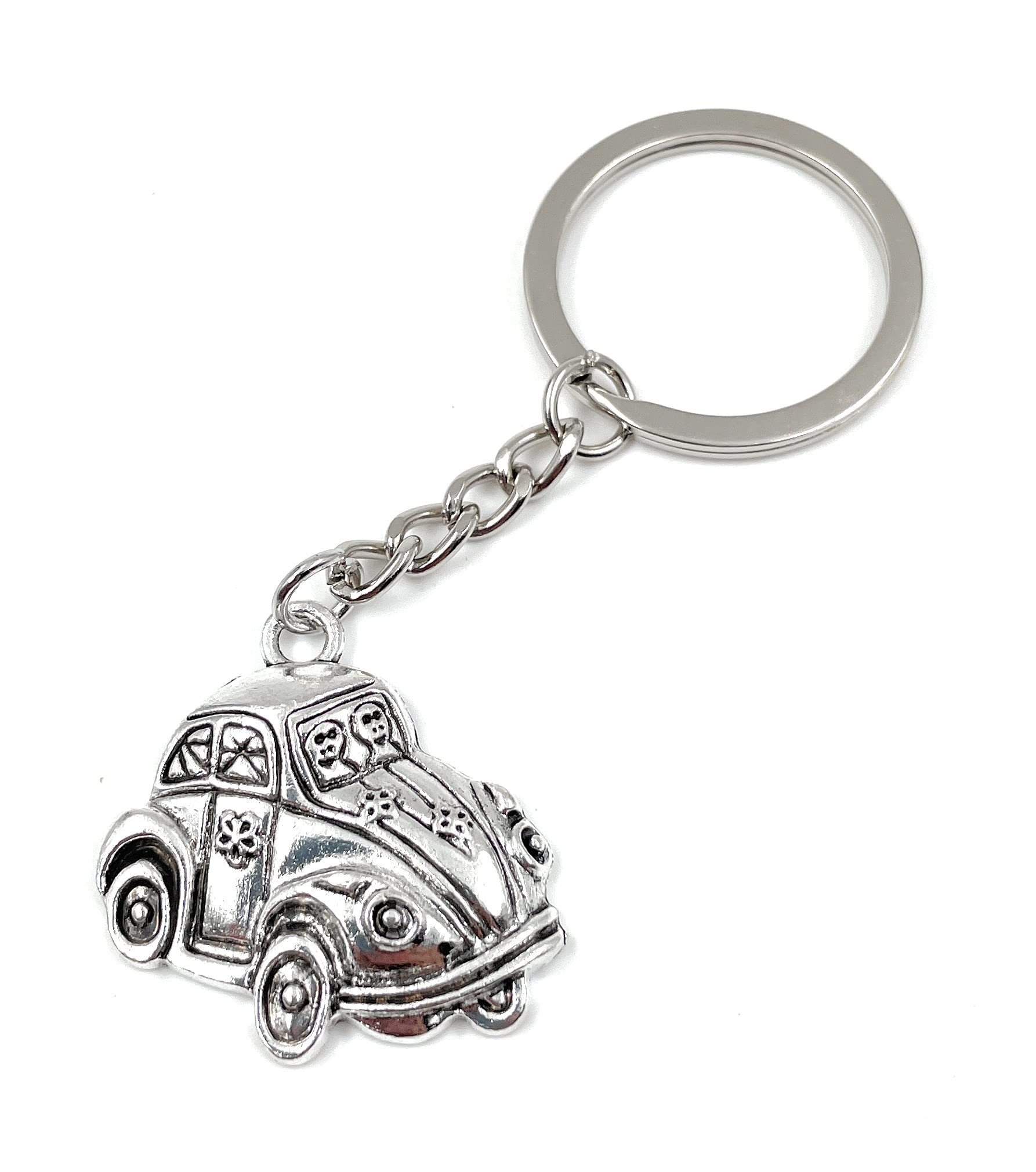 Onwomania Unisex Silver Car Beetle Keyring Metal Lucky Charm In Aluminium Gift Box, Ideal As A Gift, One Size