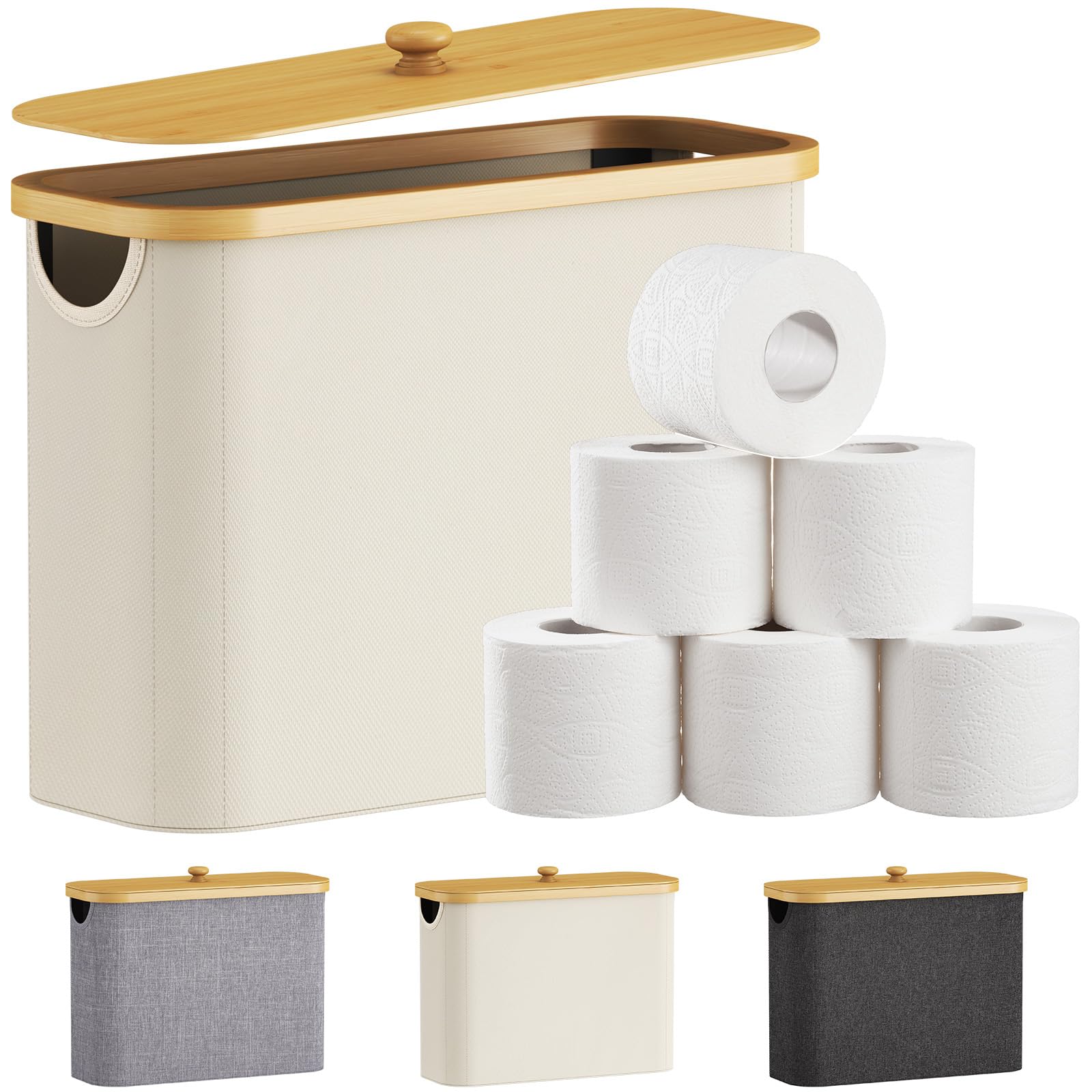 Lifewit Organizador Papel Higienico, Cesta Almacenaje Portarrollos Guarda Rollos Papel Higienico, Bambú Angosto Organizador Baño con Tapa, 23L, Blanco