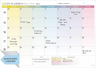 TOBJA Monatsplaner abwischbar – A3 selbsthaftender Wochenplaner – Whiteboard Planer für Wand, Kühlschrank & Tür – Familienkalender für bis zu 5 Personen - ohne Stift -
