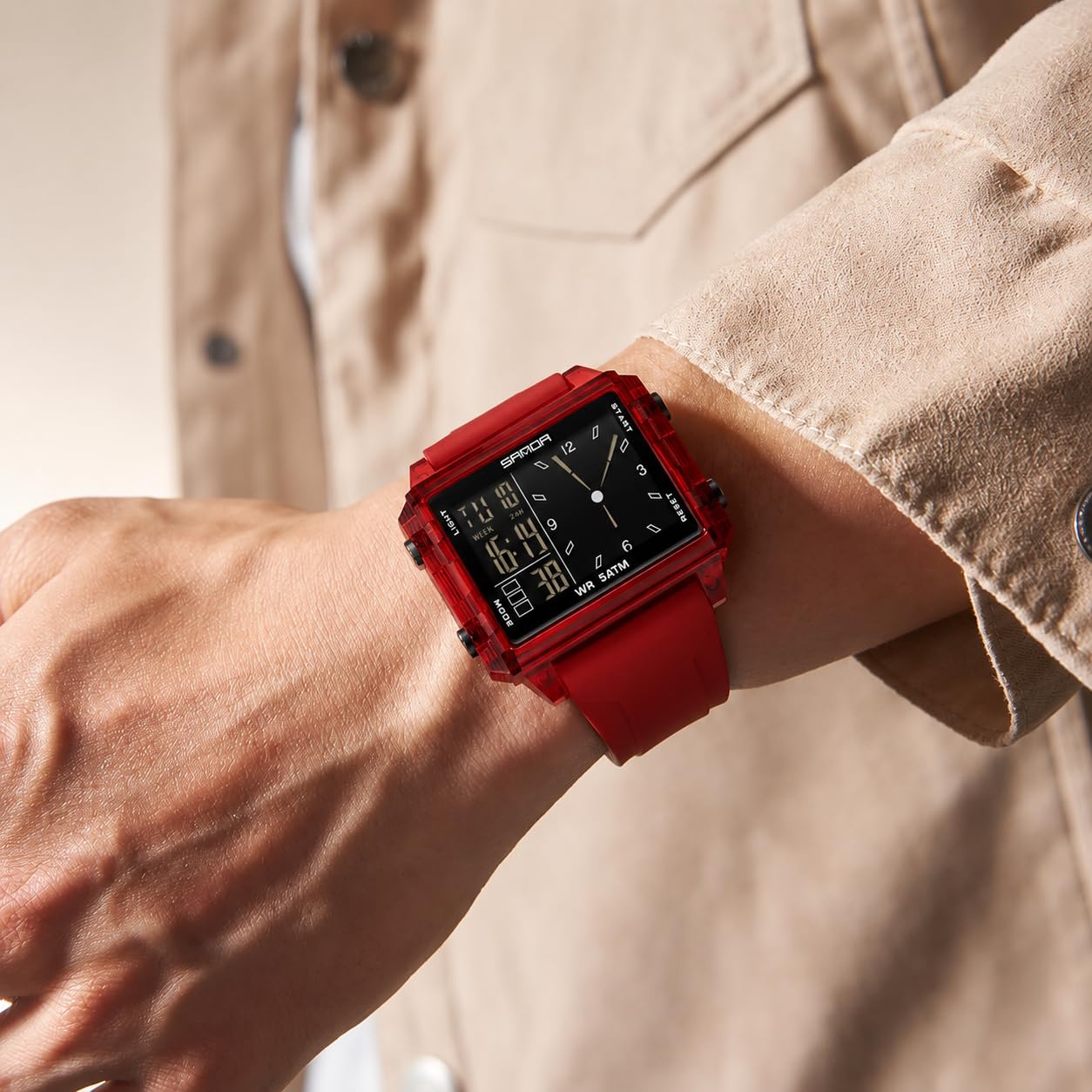 FANMIS Relojes digitales para hombres y mujeres, impermeables, unisex, reloj deportivo digital, cronómetro, alarma de cuenta regresiva, correa de silicona analógica, reloj de pulsera transparente
