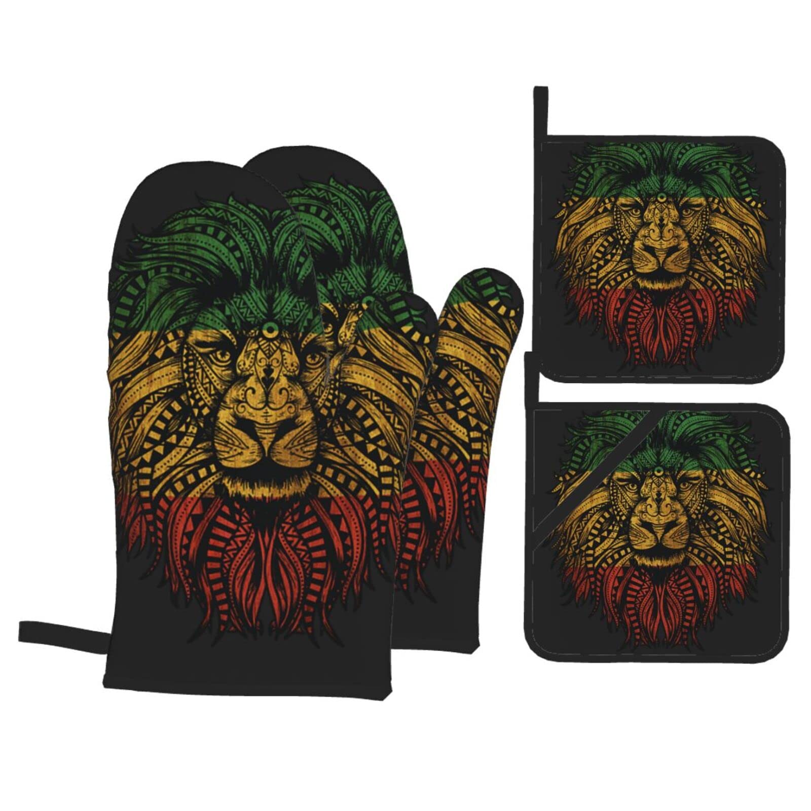 Aooedm As Pic Rasta Lion Roots Rock Reggae Oven Mitts And Pot Holders Set Of 4, Oven Mittens And Potholders Heat Resistant Gloves For Kitchen Cooking Baking Grilling Bbq