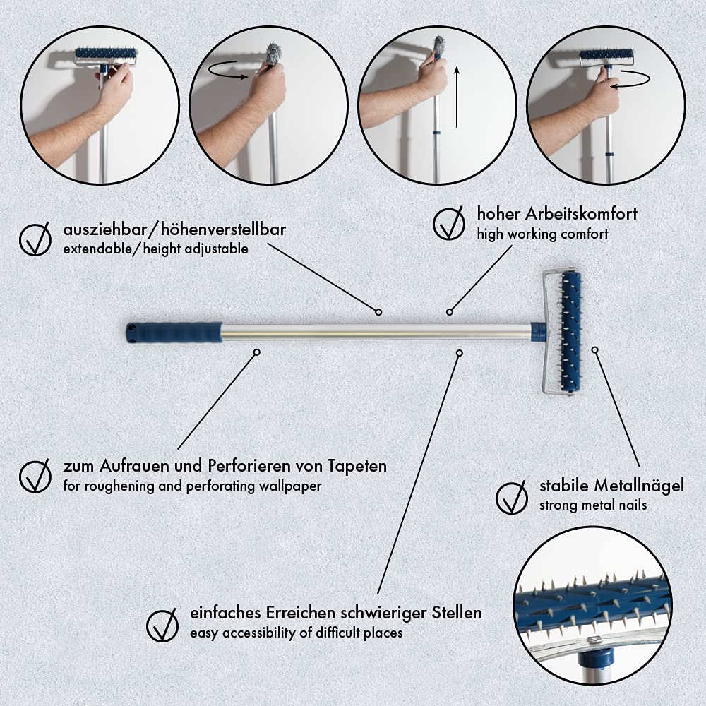 A.S. Création Rouleau hérisson Rouleau à médiators Rouleau à ongles pour percer du papier peint, extensible, réglable en hauteur, bleu, argent, 909012