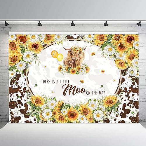 MEHOFOND Telón de fondo de vacas de las tierras altas de 7 x 5 pies para baby shower, ganado marrón, Little Moo on The Way, decoraciones de fiesta,