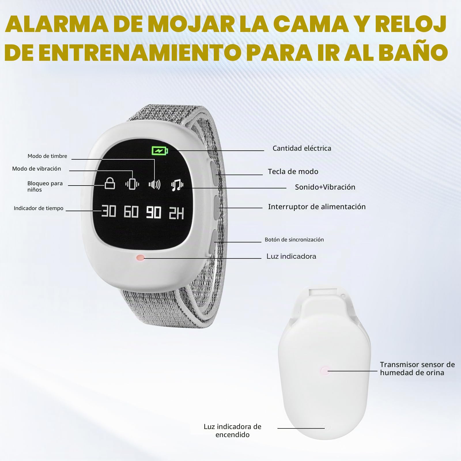Alarma Inalámbrica de Enuresis, Alarma de Enuresis en la Cama con 3 Modos de Recordatorio, USB Recargable, Alta Sensibilidad, Sensor de Humedad para Niños Mayores y Pacientes Postrados en Cama