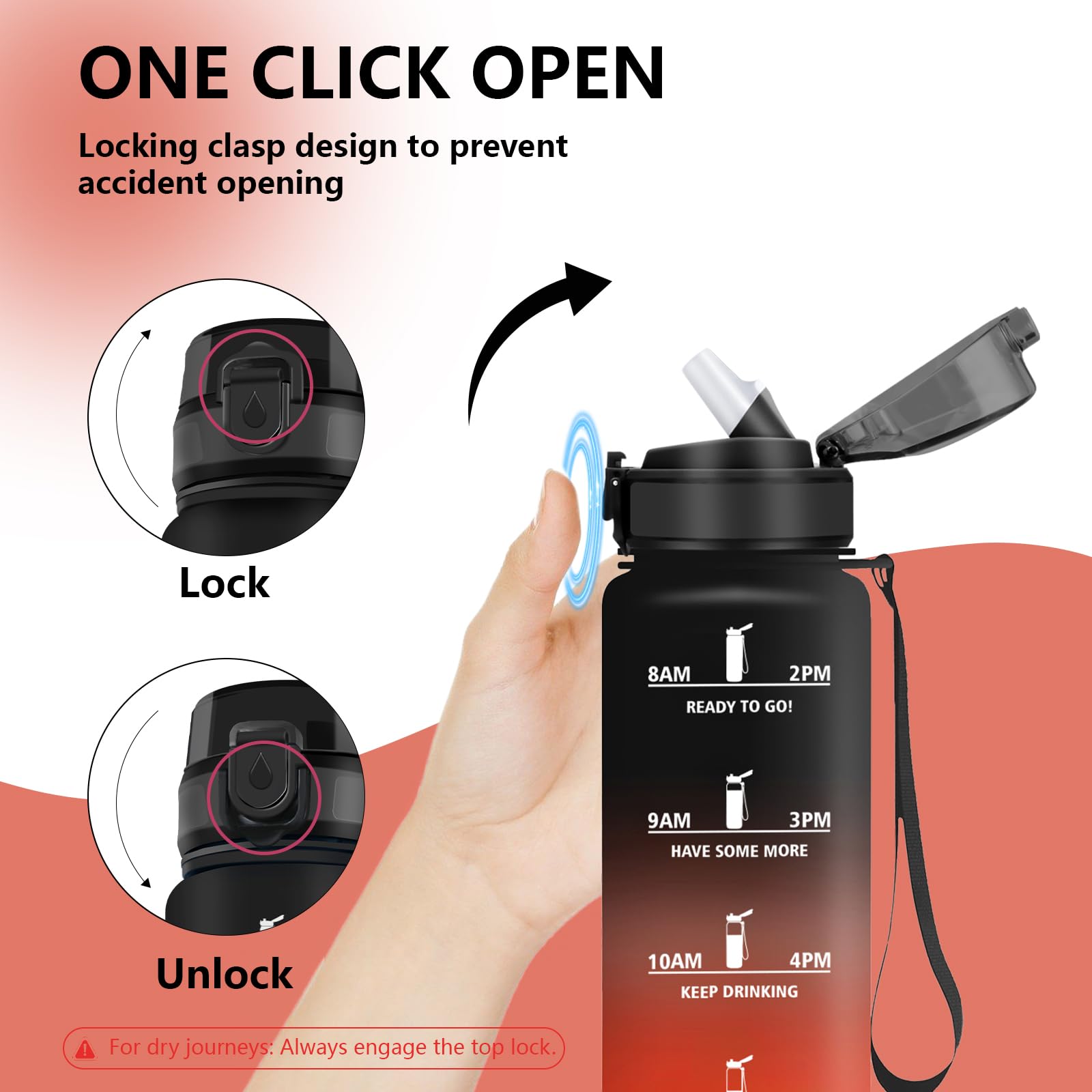 Mujigaga Botella Agua Gimnasio, A Prueba de Fugas Botella Agua 1 litro, Cantimplora con Pajita, Diseño de Cerradura, Cantimplora con Marcador de Tiempo para Deporte, Colegio, Exterior - 5