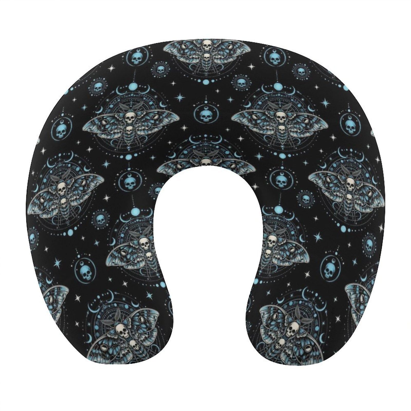 Stylish U Shaped Travel Neck Pillow Memory Foam Chin Support Gothic Moth Dead Skull Moon, Breathable Washable Cover for Airplane Car Office Decor