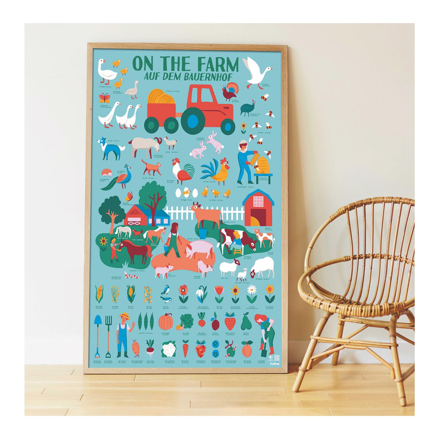 POPPIK 1841150 Sticker-Poster, Bauernhof, interaktives Lernposter mit Aufklebern, mehrsprachiges Tierposter, für Kinder ab 3 Jahren, 68 x 100 cm