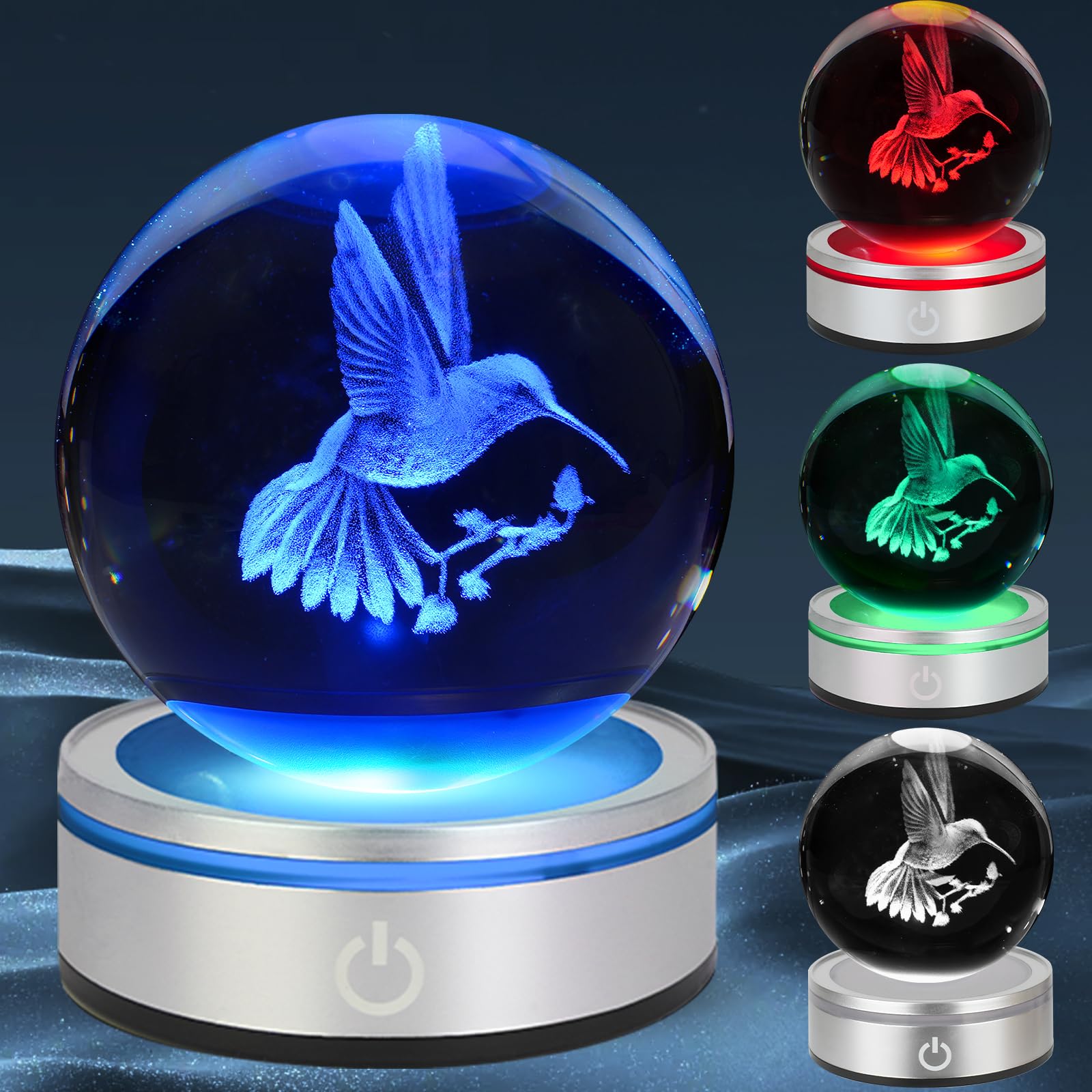 3D Hummingbird Crystal Ball Night Light with LED Colorful Touch Base 3.15 in Hummingbird Figurine Glass Sphere Lamp for Birthday Christmas, Cute