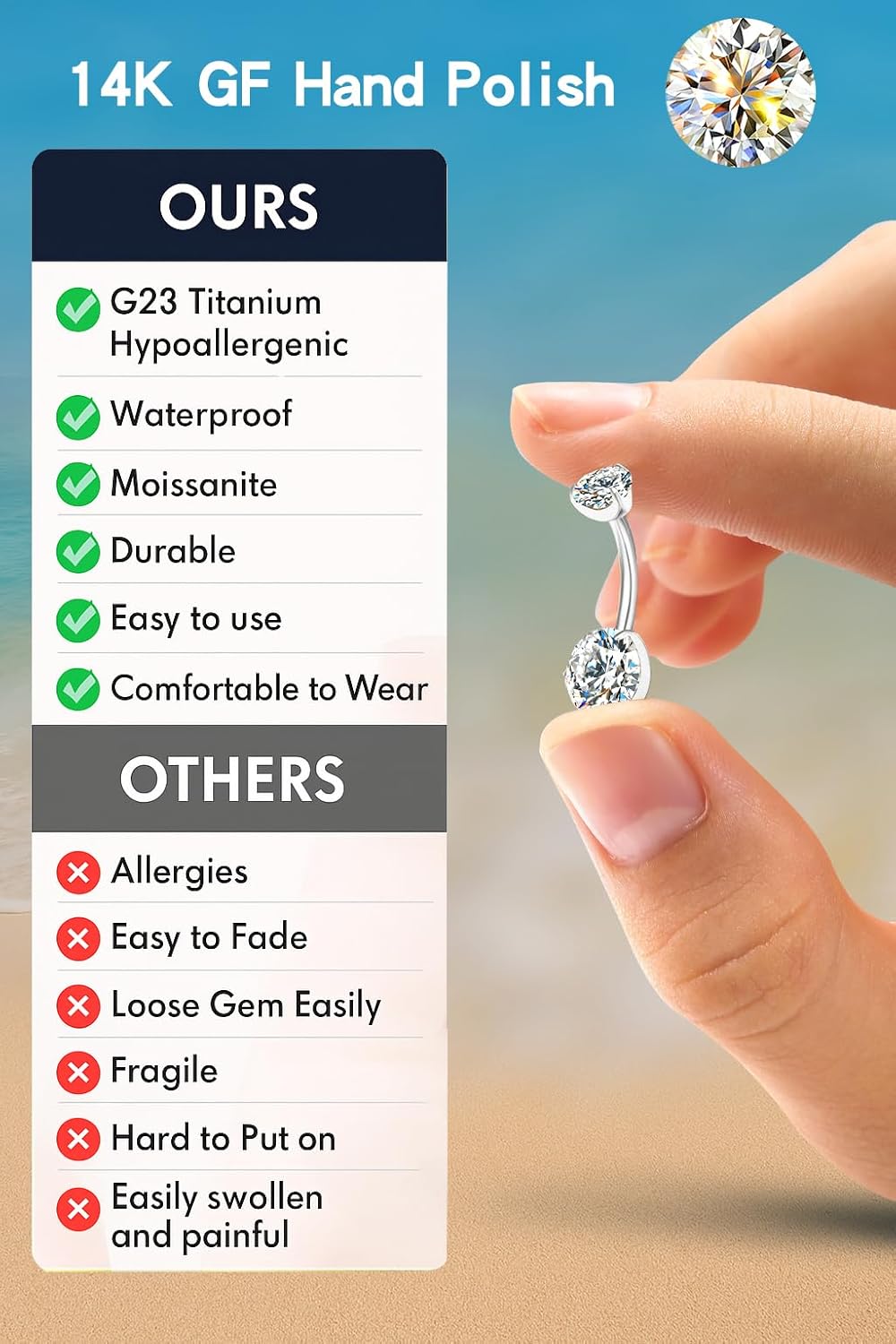 VOJO Moissanite Belly Button Ring, Titanium Navel Piercing Bar with Internally Threaded Barbell for Women - Image 5