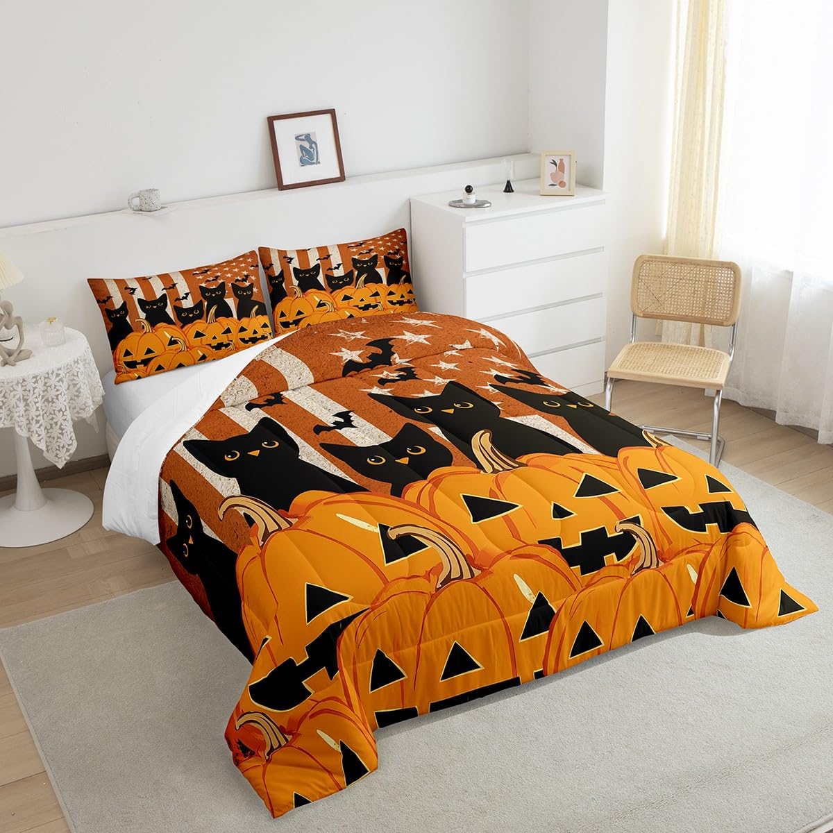 Feelyou Kids Black Cats Comforter Set Twin Size Halloween Pumpkin Lantern Comforter for Boys Girls Cute Kitten Scary Bats Decor Bedding Set American Flag Quilt with 1 Pillow Case Boys