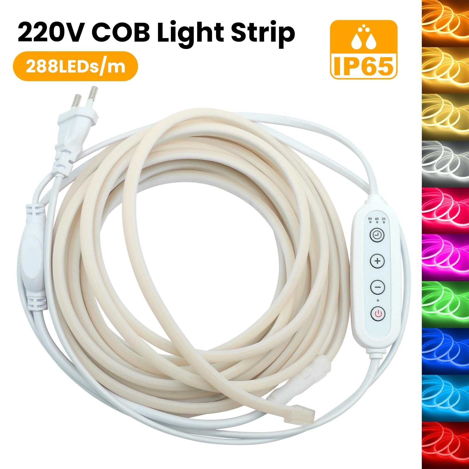 Tira LED de neón COB 220V regulable y con temporizador [25M, Azul], resistente al agua IP65 flexible, 288 LEDs/M tira LED FCOB cortable CRI85+, decoración para el hogar
