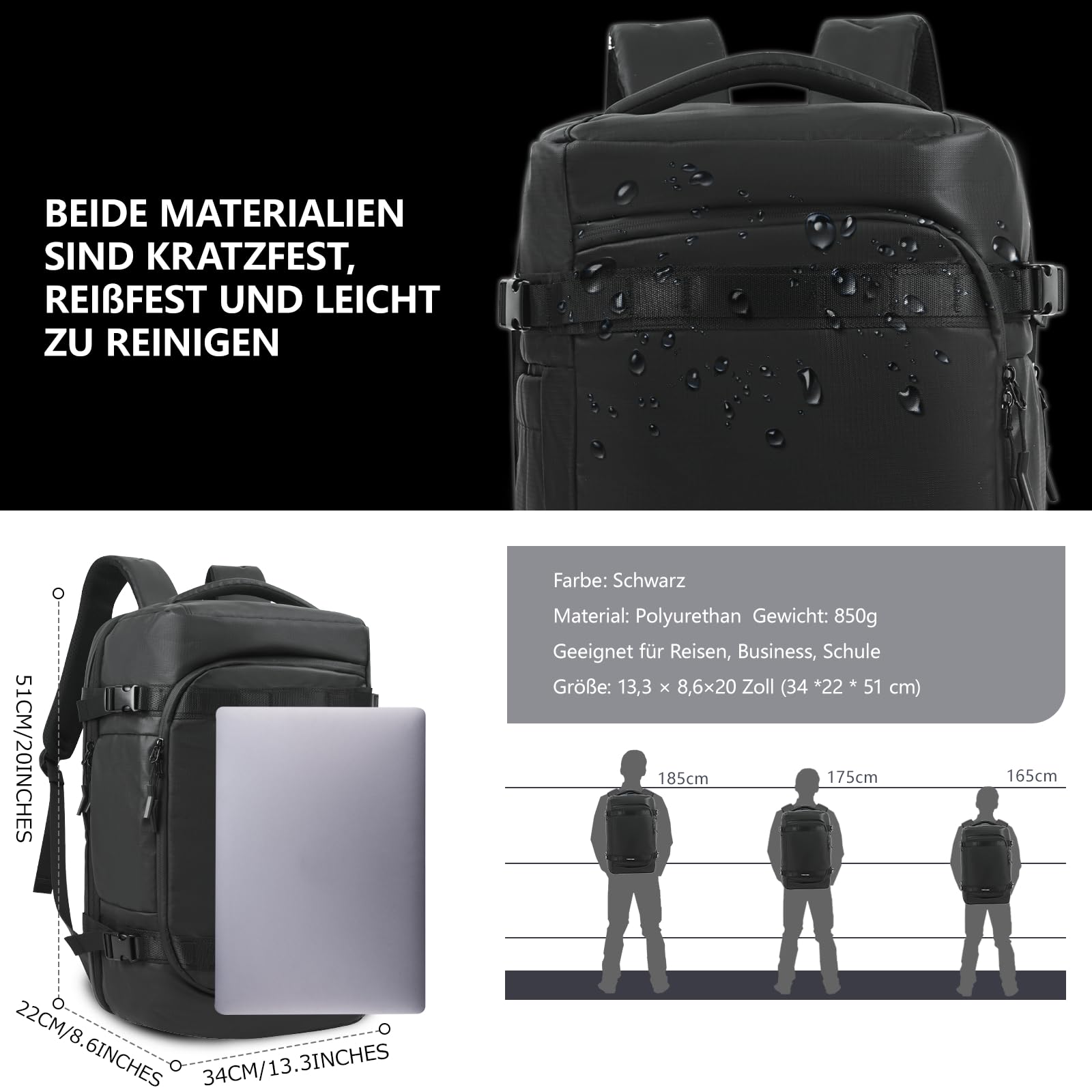 KINGSLONG Reise Rucksack Laptop Backpack: Herren Groß Reiserucksack Flugzeug Cabin 17.3 Zoll PC Wasserdicht Koffer 37L Tasche für Travel Business Outdoor Hiking Männer Schwarz