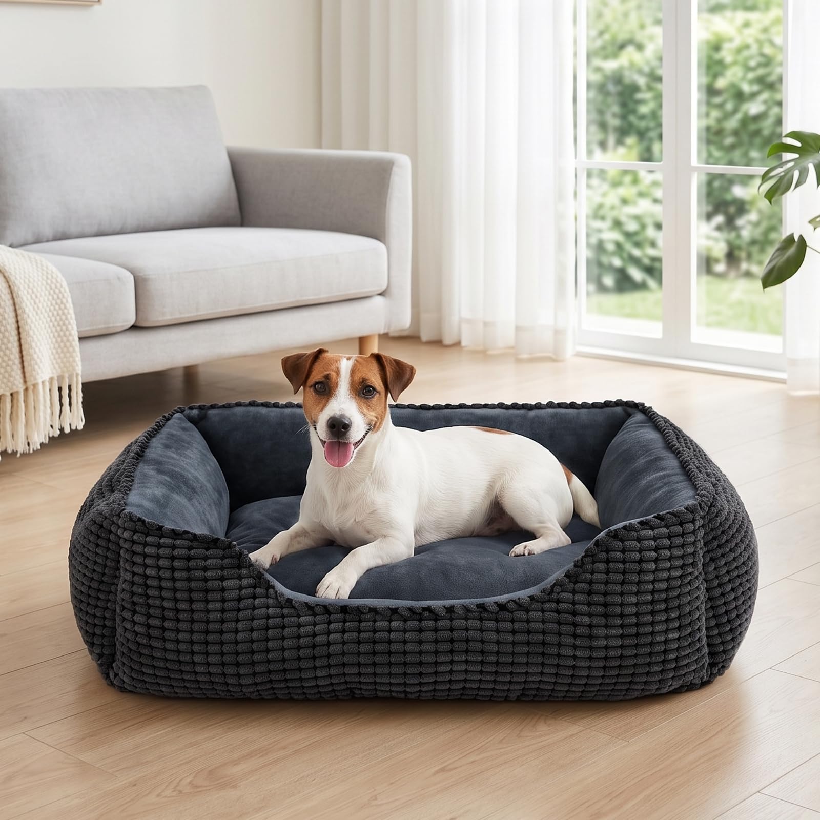 JOEJOY Cuccia Cane Interno Media, Cuccia per Cani Lavabile, 63x53x20cm | Cuccia Cane Anti-Ansia & Supporto, Antiscivolo Lavabile, Soffice, Flanella Morbida & Velluto a Coste Traspirante Durevole