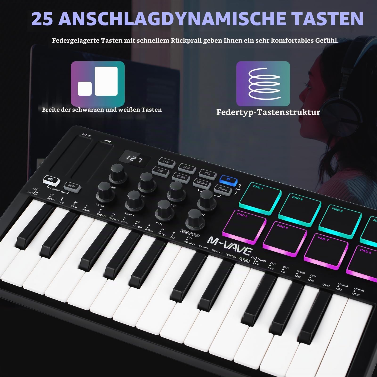 Nikou M-VAVE MIDI Tastatur Controller, USB Mini 25 Tasten Professionelles Dynamisches Tastenbett Elektro Musik Arranger Keyboard mit RGB-Schlagzeugpads (Schwarz)