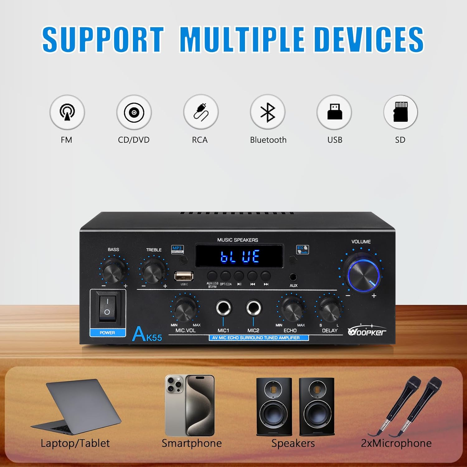 WOOPKER AK55 HiFi Verstärker Stereo Receiver 600W 2.0 Kanal Bluetooth UKW-Radio Opt AUX RCA USB 2 Mic Eingänge