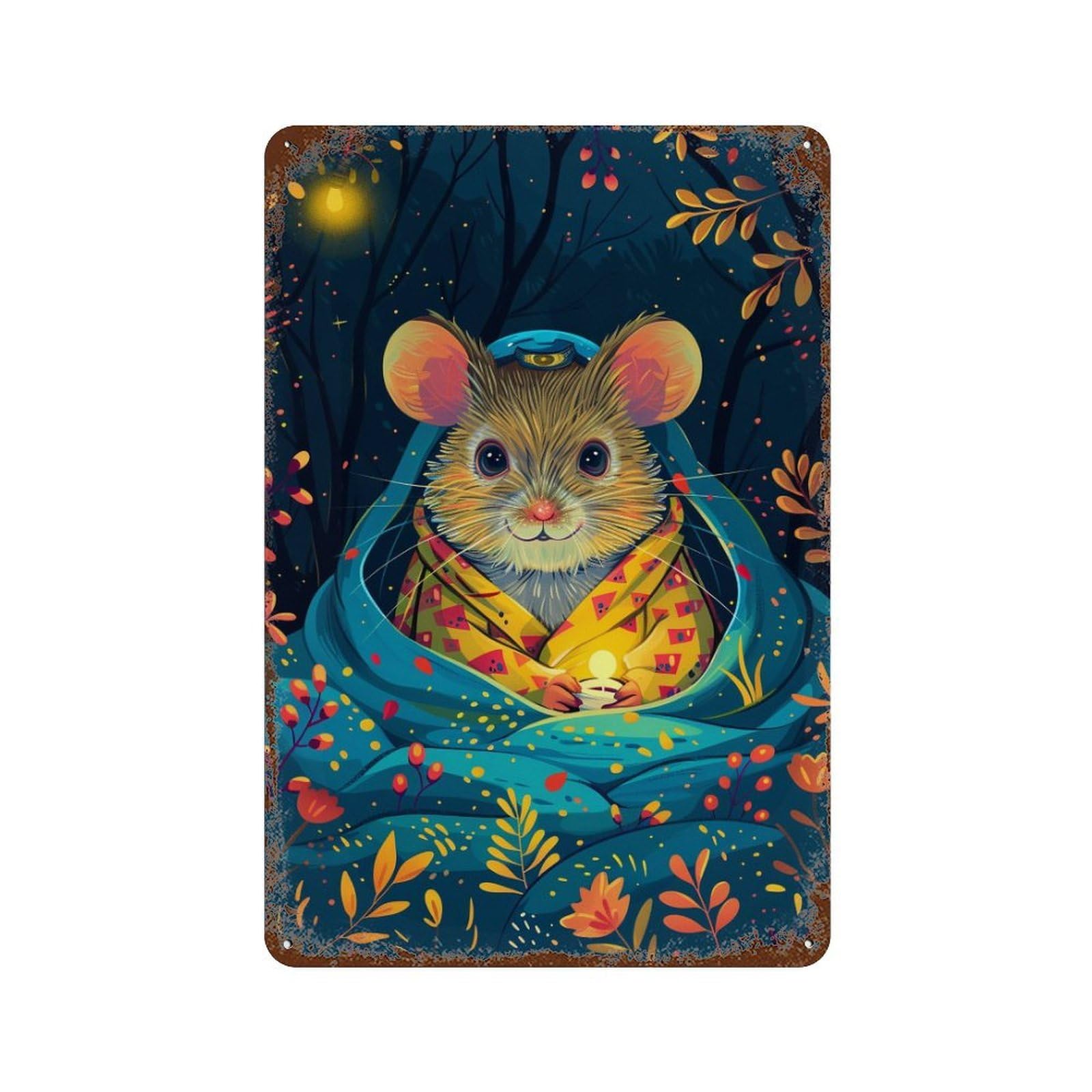 Garage Style Cozy Mouse in Forest Rusty Metal Tin Sign 11.8"x7.9", Classic Wall Plaque for Bar And Workshop