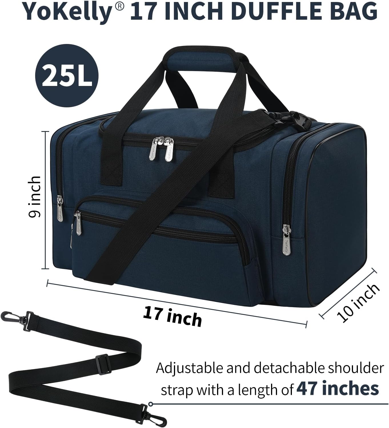 Small Duffel Bag 17 inch Carry On Weekender Bag for Travel Gym Sport (17x10x9 in) - Navy - Image 6