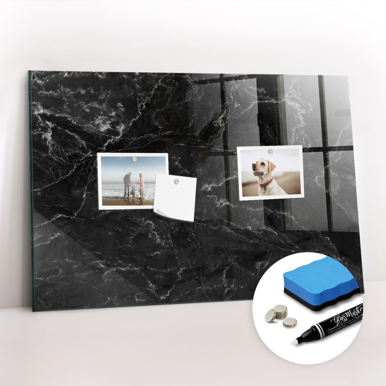 Glas-Magnettafel Wandboard | Komplettset mit Neodym-Magneten, Marker & Schwamm | Schreibbar, abwischbar, langlebig | Ideal für Planer & Wochenübersicht- 60x40 - Schwarzer Marmor