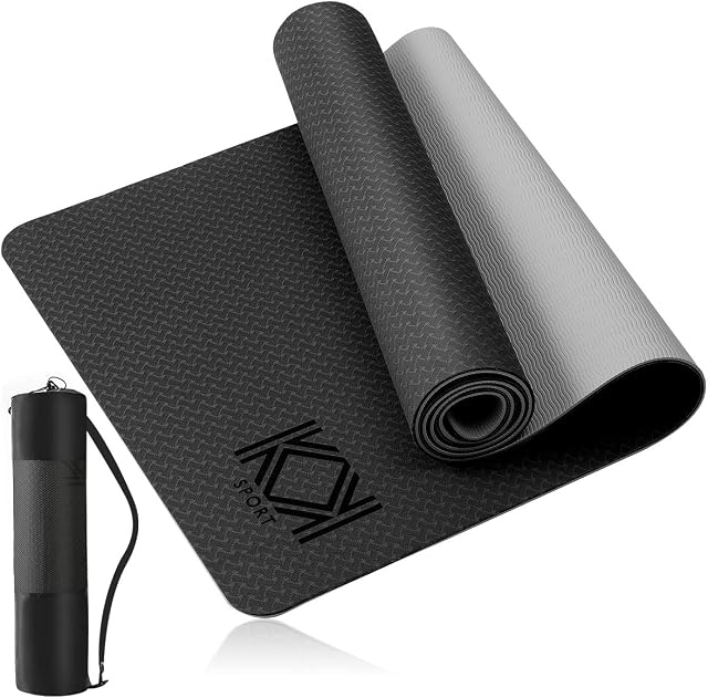 KK Yoga Mat, Non Slip Exercise Mat Black, Extra Grip TPE Eco Friendly Workout Mat with convenient Carry Bag. Fitness Mat for women and men for Yoga, Pilates. 6mm (¼ inch) thickness