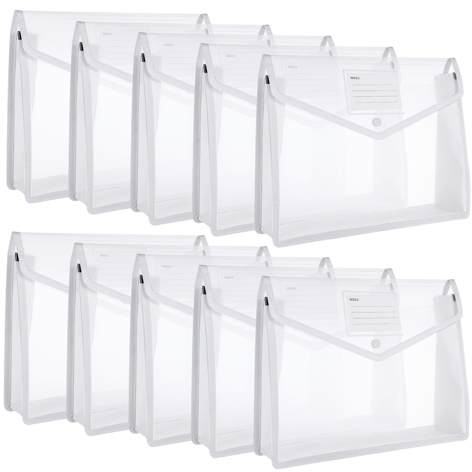 Epakh 10 carpetas de plástico expansibles para archivos, carpetas de documentos con cierre a presión y bolsillo, tamaño A4, impermeable, transparente, para la escuela (blanco, horizontal)